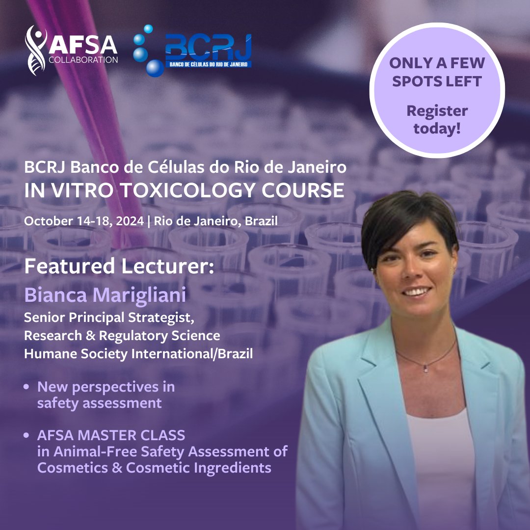 AFSAcollab's tweet image. Cell Bank of Rio de Janeiro&apos;s In Vitro Tox Course (in Portuguese) focuses on animal-free safety methods. Bianca Marigliani is one of the expert lecturers &amp;amp; will share new perspectives in safety assessment, including an overview of our #AFSAMasterClass 

✍️ bcrj.org.br