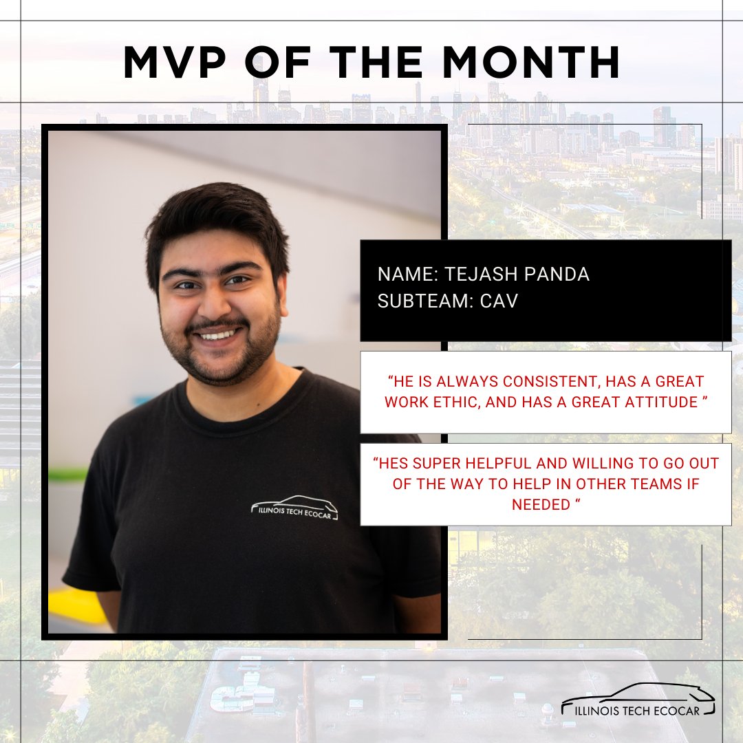 Congrats to Tejash Panda for being our first-ever MVP of the Month! This is a new award we're introducing to recognize our amazing team members. Each month, we'll vote on who made the biggest impact on the team!

#ecocar #illinoistechecocar #ecocarevchallenge