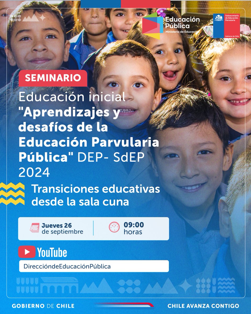 📹 TRANSMISIÓN EN VIVO | Conéctate al Seminario de Educación Inicial "Aprendizajes y desafíos de la Educación Parvularia Pública" DEP-SdEP 2024 💬✨

📅 Jueves 26 de septiembre | ⏰ 09:00 horas.
🧑‍💻 Sigue la transmisión en vivo por YouTube: youtube.com/watch?v=Prccd7…

<a href="/SubEducParv/">Subsecretaría de Educación Parvularia 🧒🏽👶🏽👩🏽</a>