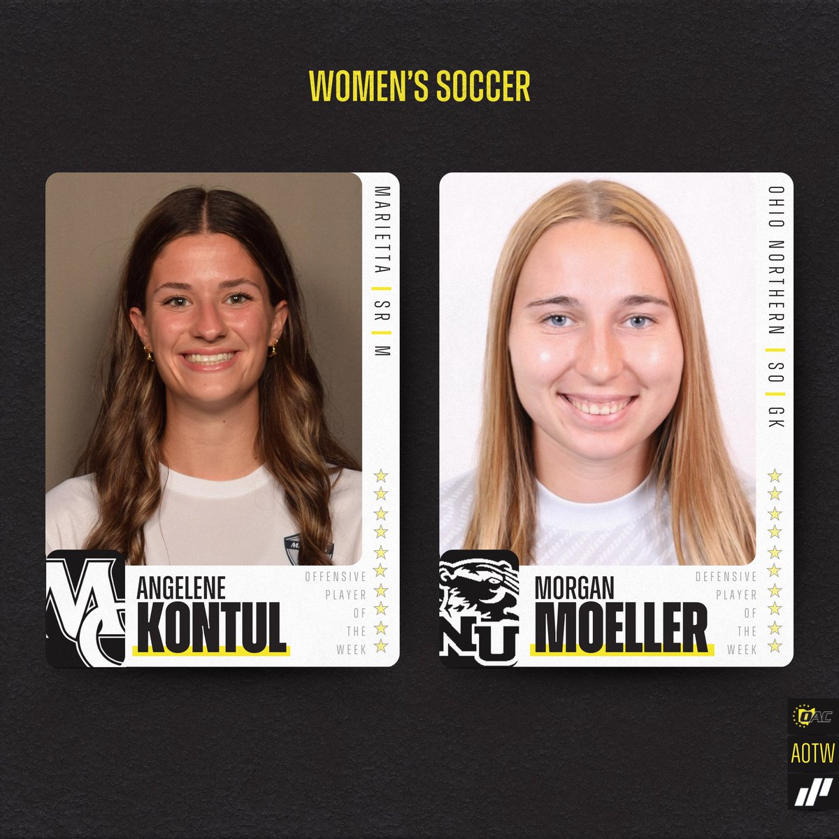Midstream Lighting Athletes of the Week | Women's Soccer ⚽  

Angelene Knotul, <a href="/MariettaPioneer/">Marietta College Athletics</a> 
Morgan Moeller, <a href="/ONUsports/">Ohio Northern Sports</a> 

#OAC #OACsoc <a href="/MidstreamLED/">Midstream Lighting</a>