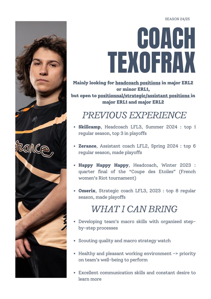With the end of our run in the "Coupe de France" with <a href="/ZerancePartout/">Zerance</a>, I'm posting my LFT for next season ! 

I can present my work on demand, you can use every  players and staff I worked with as reference. 

My discord : texofrax

RT and Fav appreciated!