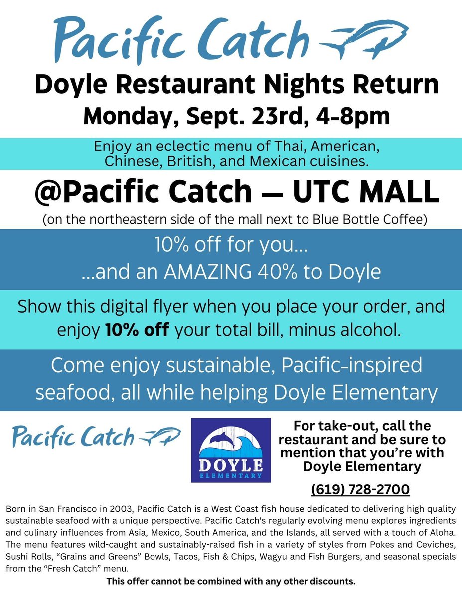 Restaurant Night is TONIGHT from 4-8 at Pacific Catch UTC. 10% off for you and an amazing 40% back for Doyle. For take-out, call the restaurant and be sure to mention that your with Doyle
buff.ly/3Tzm1HA