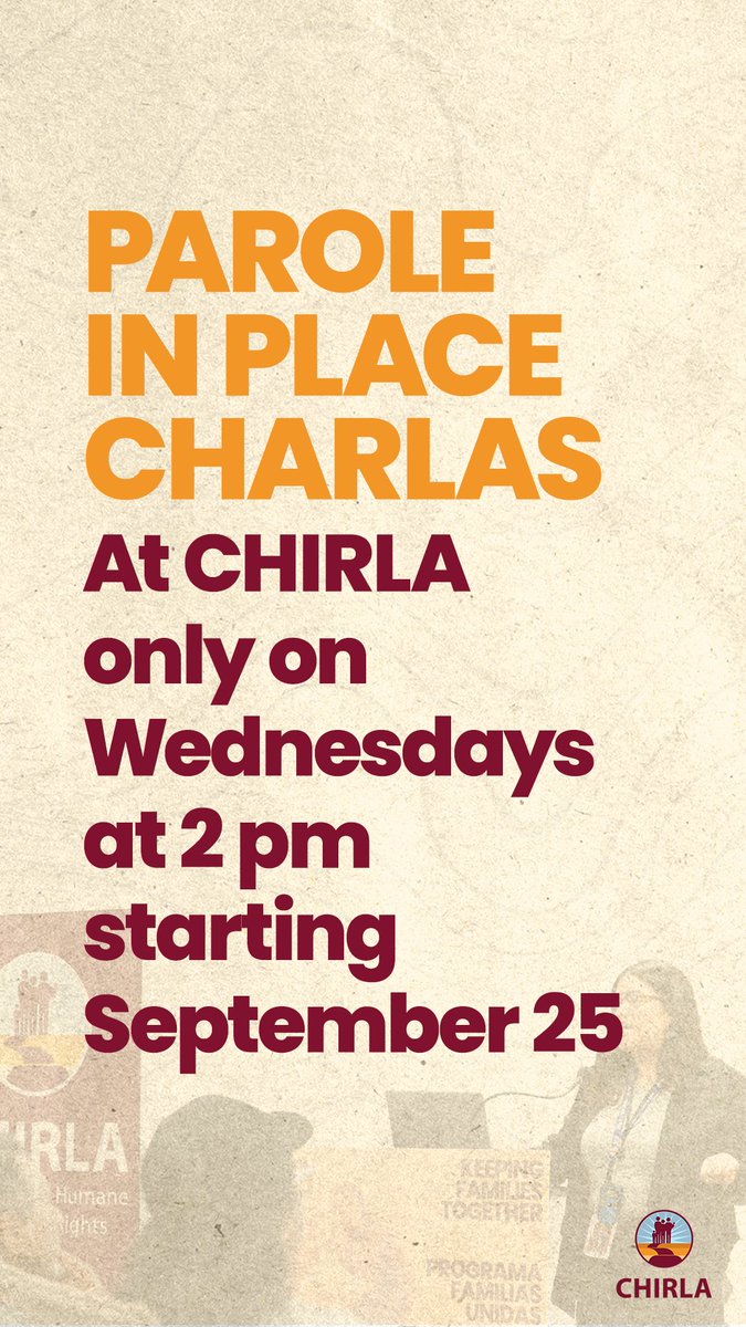 🚨UPDATE ON CHIRLA'S #PAROLEINPLACE CHARLAS🚨

CHIRLA's free info sessions for the Keeping Families Together Parole in Place program will now take place every Wednesday at 2 PM at our LA office, located at 2533 West 3rd St., LA, CA 90057 🫂#PIP #KeepingFamiliesTogether