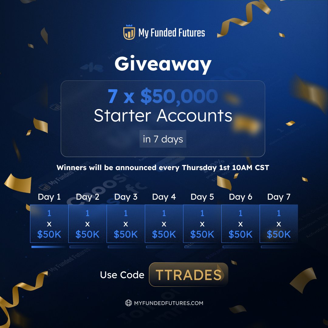 TTrades_edu's tweet image. Day (1/7) MFFU giveaway!
Instructions will be the same eatch time : 
- Follow @MyFundedFutures  and @TTrades_edu  on Insta / Twitter (X)
- Like , Retweet, Comment (include insta handle)
All links below!