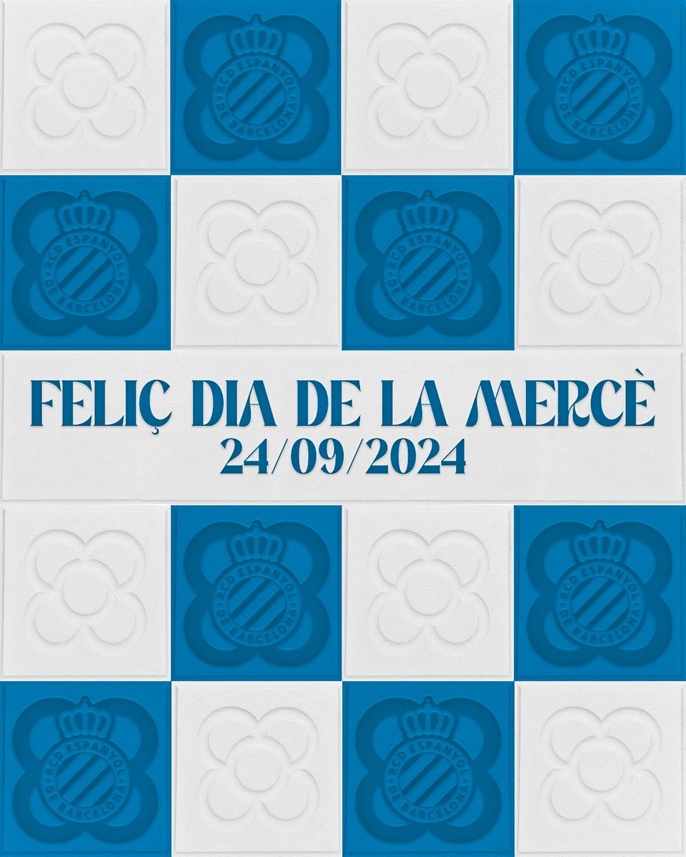 RCDEspanyol's tweet photo. Des del RCD Espanyol de Barcelona us volem desitjar un feliç dia de la Mercè! ⚪🔵 #Mercè2024 #RCDE https://t.co/U0E7Lcz8wG