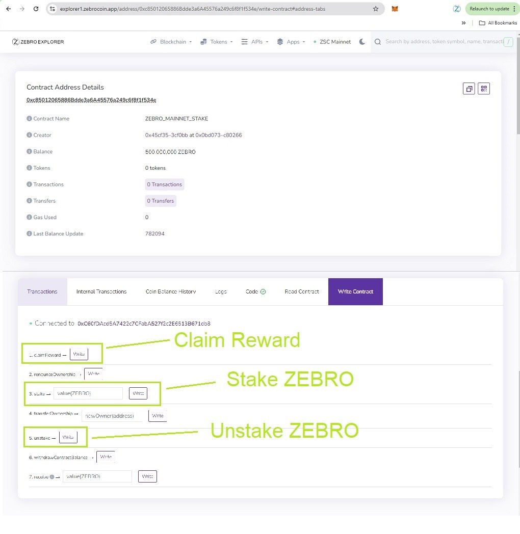 ZEBRO STAKE
Fully decentralised staking.
Stake 1-10M ZEBRO Mainnet token to contract and get daily 0.25% reward in ZEBRO. Mun. stake period 30 days, contract validity 5 years. Claim reward directly to your wallet daily.
explorer.zebrocoin.app/address/0xc850…