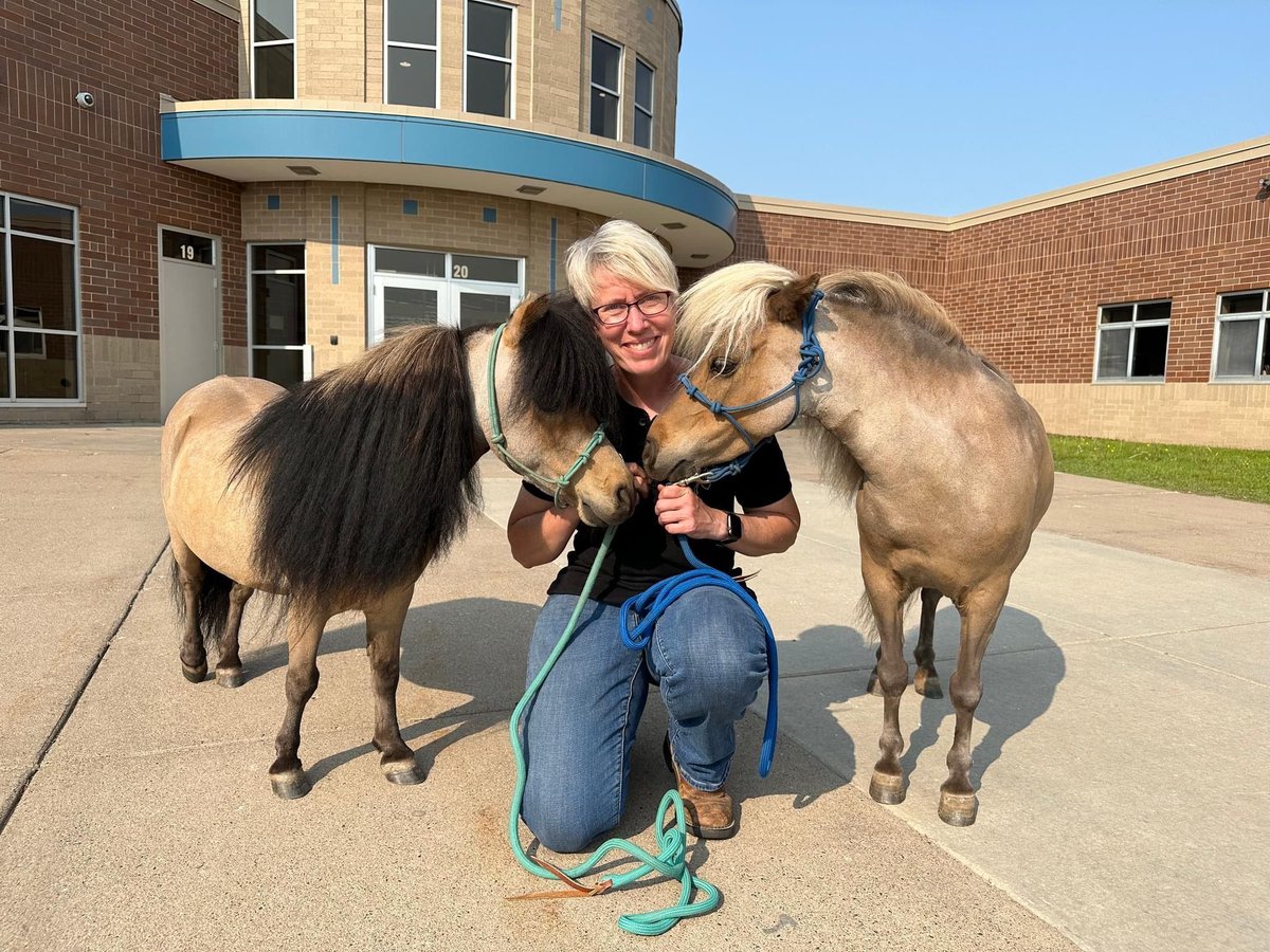 Our own 6th grade teacher, Ms. Ramberg, brought in her miniature horses, greeting students as they got of the bus, visiting  with various homebase classes, as well as our Critter Club members. Bugle and Desi did GREAT and brought lots of smiles to our faces!