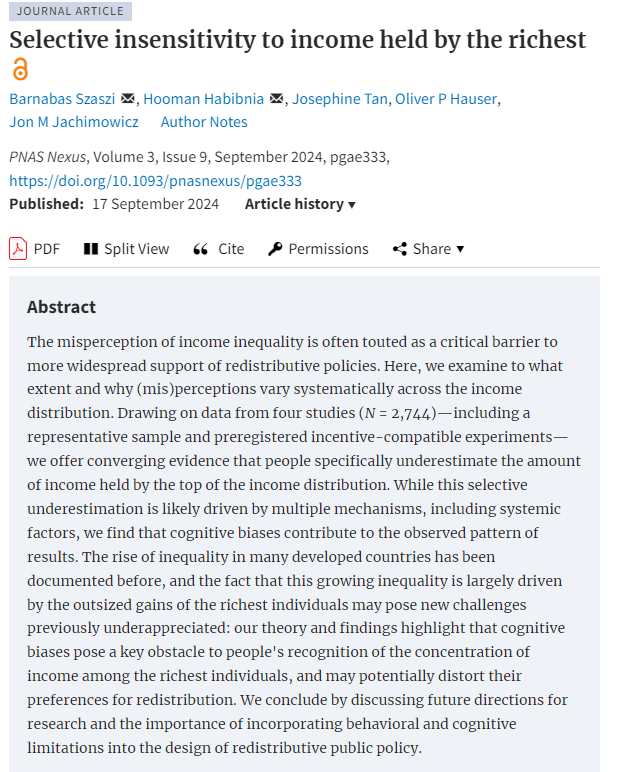 Barnabas Szaszi (@szaszibarnabas) on Twitter photo New research alert! <a href="/PNASNexus/">PNAS Nexus</a>
People systematically and selectively underestimate the income of the top 1%, but not of other percentiles. This matters for policy and redistribution!
Read the thread for more or check out shorturl.at/92olj...
<a href="/jonj/">Jon M Jachimowicz</a> <a href="/hb_hooman/">Hooman Habibnia</a> 1/8 New research alert! <a href="/PNASNexus/">PNAS Nexus</a>
People systematically and selectively underestimate the income of the top 1%, but not of other percentiles. This matters for policy and redistribution!
Read the thread for more or check out shorturl.at/92olj...
<a href="/jonj/">Jon M Jachimowicz</a> <a href="/hb_hooman/">Hooman Habibnia</a> 1/8