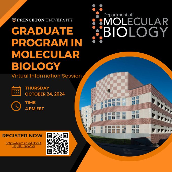 Princeton University Graduate Program in Molecular Biology virtual information session announcement poster featuring the departmental logo and an image of the Lewis Thomas Laboratory facade.