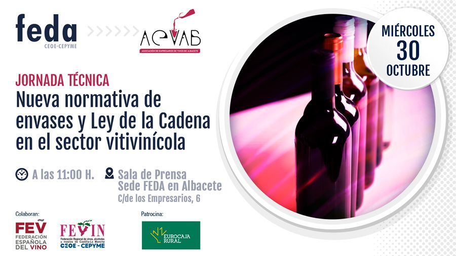 EmpresariosFEDA's tweet photo. #AEVAB, integrada en #FEDA, organiza la jornada Nueva normativa de envases y Ley de la Cadena en el sector vitivinícola. Colaboran @FEV_Vino y #FEVIN, de las que formamos parte. Patrocina @eurocajarural ¡Inscríbete!
https://t.co/ULxgOl6o0w
#FEDAAsociaciones #ColaboraEurocajaRural https://t.co/o1n4Rq3aH6