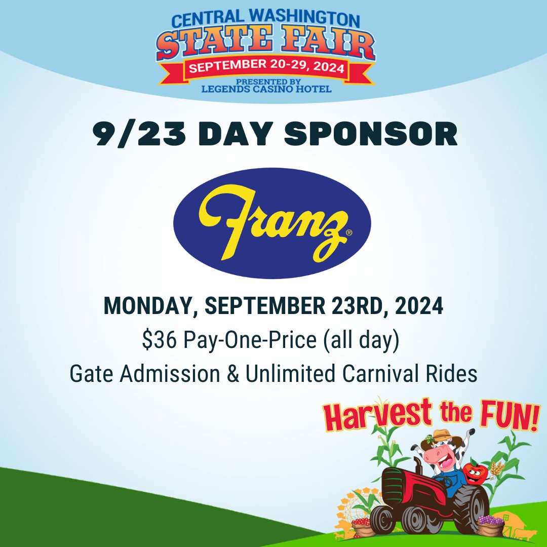 Thank you, Franz Bread for sponsoring Monday, September 23rd! 🥖🎟️🎡

$36 Pay-One-Price (all day) Gate admission and unlimited carnival rides with proof of purchase or by following Franz on social media!