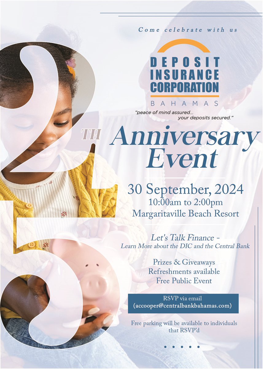 You don't want to miss this! 

We are inviting you to come and celebrate with us on Monday, 30 September, 2024! 

The event will be held at Margaritaville Beach Resort from 10:00 am to 2:00pm

RSVP via email (accooper@centralbankbahamas.com) for free parking.
#dicbahamasturns25