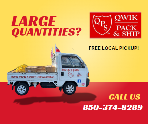 Running a business with a high volume of shipments or preparing a large mailing? Qwik Pack and Ship Center has you covered! We offer FREE local pickup for businesses and customers with bulk shipments. Just give us a call, and we’ll be there! 📞