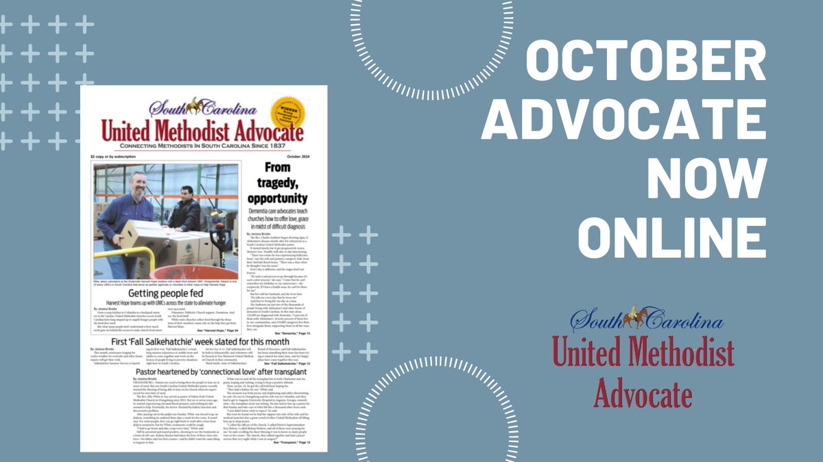 advocatesc's tweet photo. Now online at https://t.co/2zPy9RvIPY — the October edition of the South Carolina United Methodist Advocate.
Stories range from a dementia care ministry to a feature on Harvest Hope and its work with South Carolina UMCs to the first-ever fall Salkehatchie and more.
#UMCSC #UMC https://t.co/VVRgUlRp2p