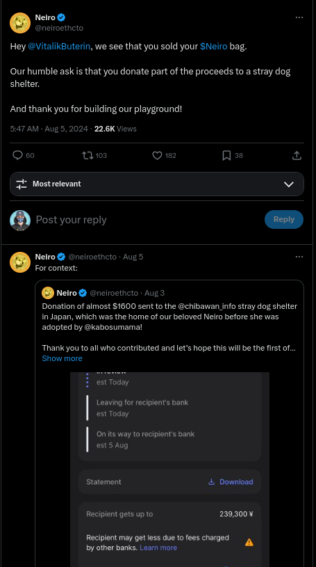 uhonyn's tweet photo. Because Jake is preparing a video on giving a $NEIRO statue to @kabosumama, let's remember how
incompetent $NEIRO cabal (@NeiroOnEthereum ) is and the only mean they have is to steal ideas.  1/3🧵

1 - @VitalikButerin  interacted with $NEIRO CTO @neiroethcto in regards to the donation request, it had a lot of impact, first, because it's Vitalik, second, because of similar events before SHIB took off to multibillion-dollar mcap.

Donation Request:

@VitalikButerin  Response:

Because of this success, $NEIRO cabal tried to replicate it, with a copycat donation to the very same charity.

Notice how @neiroethcto  made a donation on 3rd August, cabal didn't give a fuck then, until they saw Vitalik interacted, then they cared

28th August:

@neiroethcto  inclination to include charity as part of their meme philosophy was well elaborated, rather than a monkey path to save the face like what cabal did. 

This post on 31st Jul by @neiroethcto proves it:
