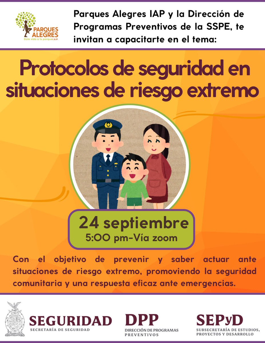 La Secretaría de Seguridad Pública Sinaloa a través de la Dirección de Programas Preventivos en colaboración con Parques Alegres. 

Les invitamos a participar en la capacitación virtual con el tema: Protocolos de Seguridad en Situaciones de Riesgo. 
<a href="/sspsinaloa1/">Seguridad Pública Sinaloa</a> <a href="/sinaloagobmx/">Gobierno del Estado de Sinaloa</a>