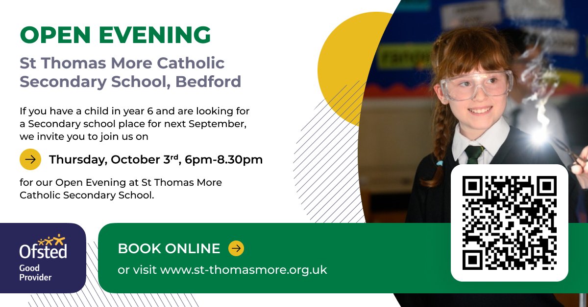 If you are looking for a Secondary School place in Bedford, we warmly welcome you to <a href="/STMBedford/">St Thomas More Secondary and VI Form</a> on October 3rd 6pm-8.30pm to discover what we can offer you! 
To find out more and book online please visit trybooking.com/uk/DWTZ or scan the QR code below
#STMLifeinallitsfullness