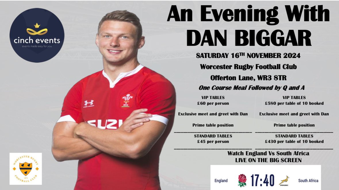 cinch_events's tweet photo. Our next Sporting Dinner is live!!

We welcome Dan Biggar to @WorcsRFC 

https://t.co/2fkl3Q6Z6A

#WorcestershireHour https://t.co/wgn7a7fhXT