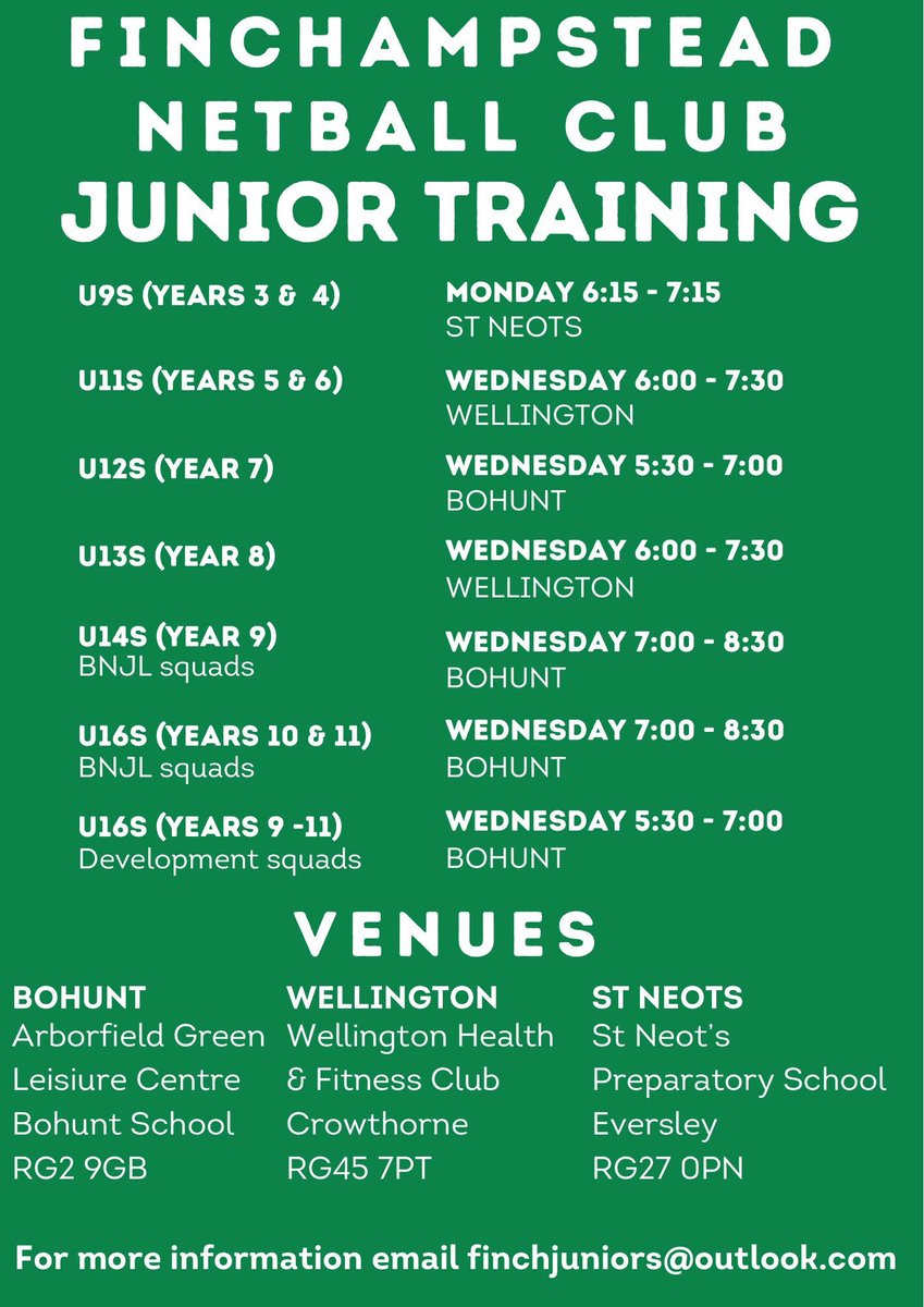 Finch Junior netball club are looking for new players across all age groups. No netball experience needed, girls are welcome to attend a week’s trial in the indoor venues listed below: