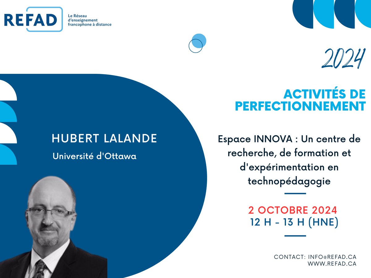 Inscrivez-vous à l'atelier du 2 octobre pour découvrir l'espace INNOVA : Un centre de recherche, de formation et d'expérimentation en technopédagogie. 

Avec Hubert Lalande de l’Université d’Ottawa.

🗓 2 octobre 2024
🕛 12h à 13h HNE

Inscription: shorturl.at/2vQU5