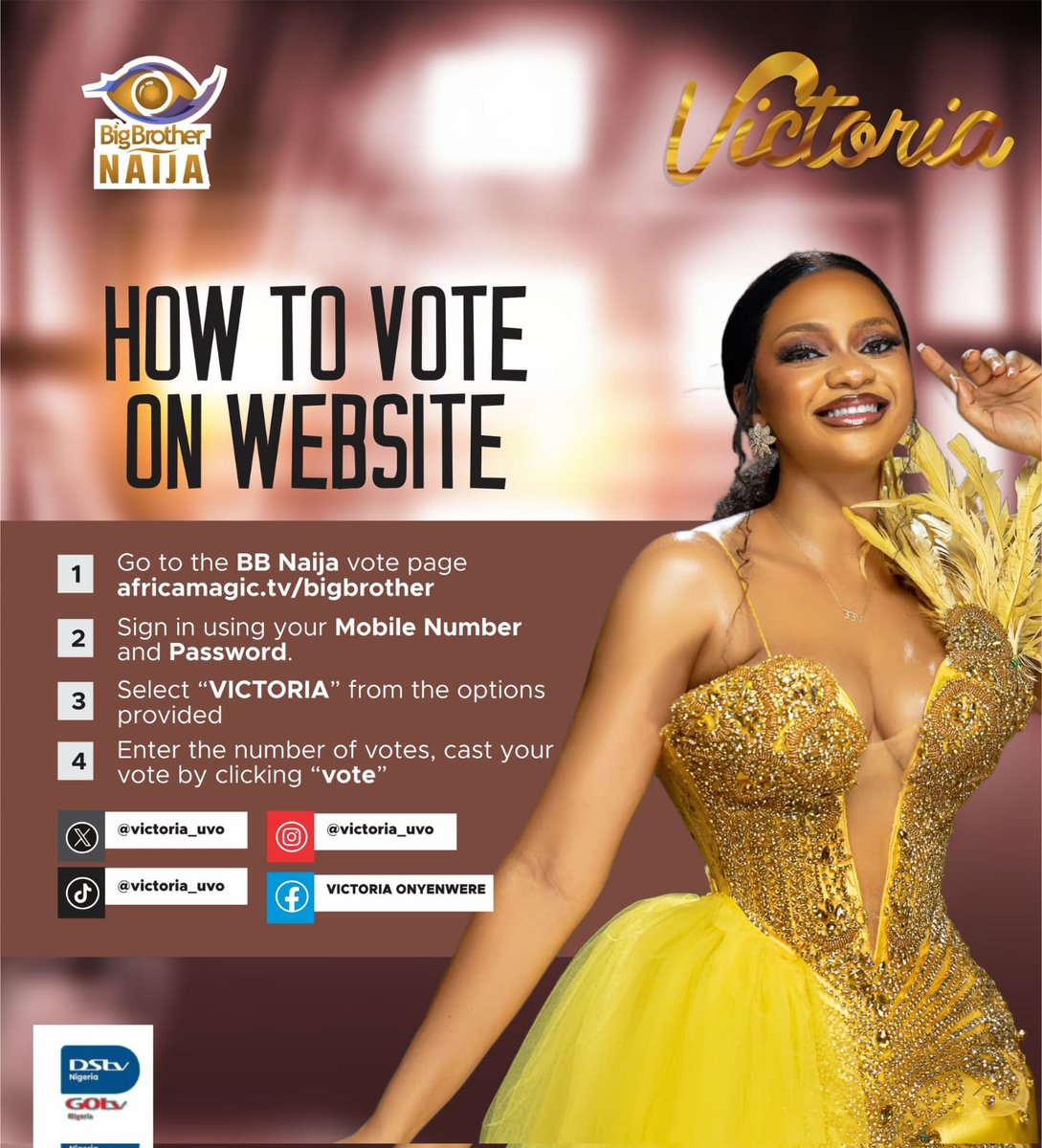 Victoria_uvo's tweet photo. #BBNaija Vikings, this is the penultimate voting week, and the stakes couldn’t be higher. Every single vote counts more than ever before. We’ve come too far to slow down now. This is the moment where we push harder, stay focused, and ensure Victoria remains at the top. 

Treat this week with the utmost importance and vote like her fate depends on it, because it does. Vote via the website, mobile site, MyDstv and MyGotv apps. Make sure you exhaust all voting options and get your family and friends to do the same. VOTE VICTORIA

Check pinned tweet for step by step voting process. Click link in bio to vote. Voting starts by 9pm!!
