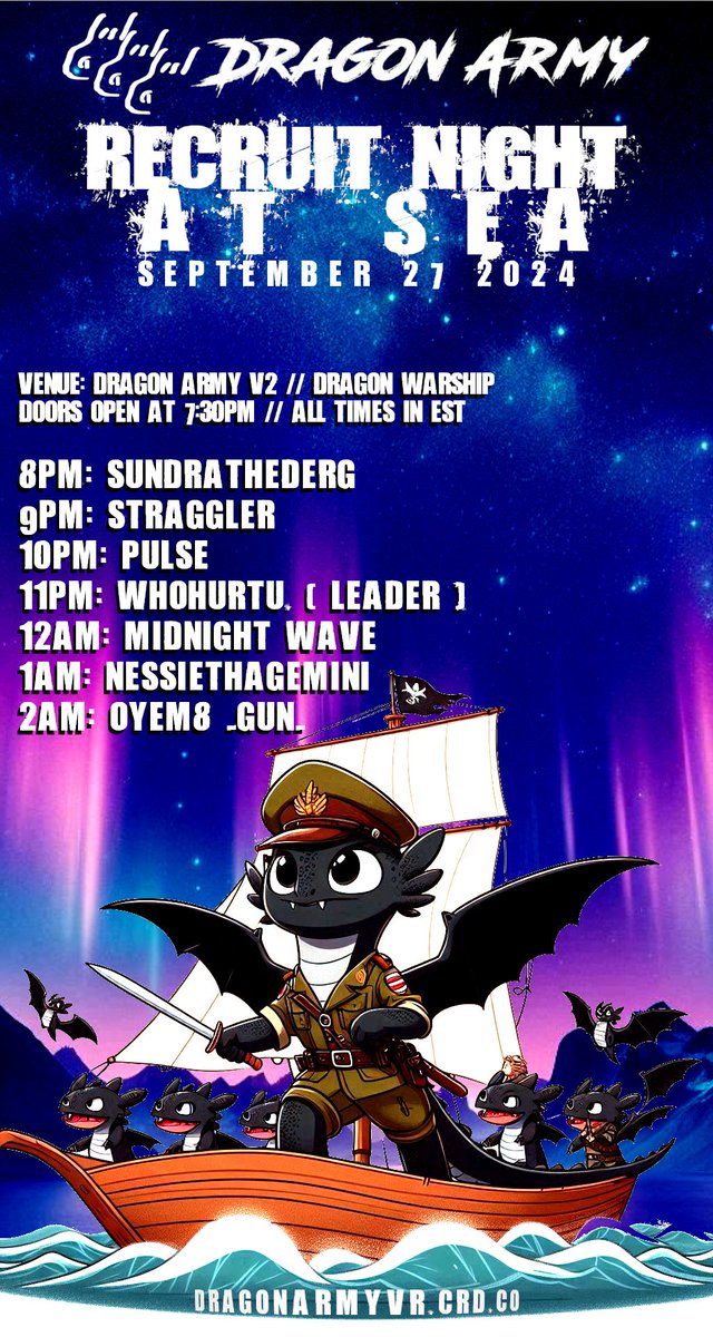 Dragon Army (@dragonarmyvr) on Twitter photo Dragon Army presents: Recruit Night At Sea
โต๏ธ๐9/27/24 ๐โต๏ธ
Featuring the return of <a href="/whohurtu_dub/">๐๐๐๐๐๐๐๐.</a> along with new DJ's <a href="/KMolresa/">Sundra the cute derg</a> <a href="/MidnightWave962/">Midnight Wave</a> <a href="/ItsMeNessie_/">Nessie</a> <a href="/ImaGunnerVII/">OyeM8 (gun)</a> @pulsefluff and Straggler. Dragon Army presents: Recruit Night At Sea
โต๏ธ๐9/27/24 ๐โต๏ธ
Featuring the return of <a href="/whohurtu_dub/">๐๐๐๐๐๐๐๐.</a> along with new DJ's <a href="/KMolresa/">Sundra the cute derg</a> <a href="/MidnightWave962/">Midnight Wave</a> <a href="/ItsMeNessie_/">Nessie</a> <a href="/ImaGunnerVII/">OyeM8 (gun)</a> @pulsefluff and Straggler.