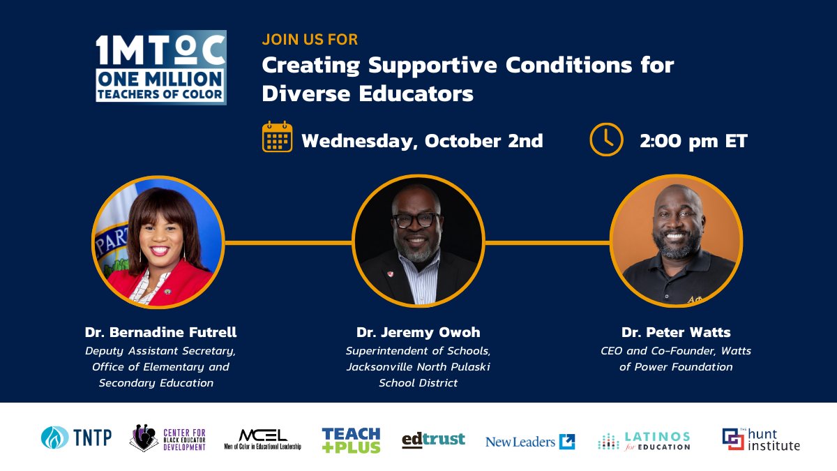One Million Teachers of Color (@1mtoc) on Twitter photo Excited to hear Dr. Bernadine Futrell, Dr. Jeremy Owoh, and Dr. Peter Watts discuss creating supportive conditions for educators on 10/2 with <a href="/1MToC/">One Million Teachers of Color</a>. Register here to attend: tinyurl.com/mtpar54r Excited to hear Dr. Bernadine Futrell, Dr. Jeremy Owoh, and Dr. Peter Watts discuss creating supportive conditions for educators on 10/2 with <a href="/1MToC/">One Million Teachers of Color</a>. Register here to attend: tinyurl.com/mtpar54r