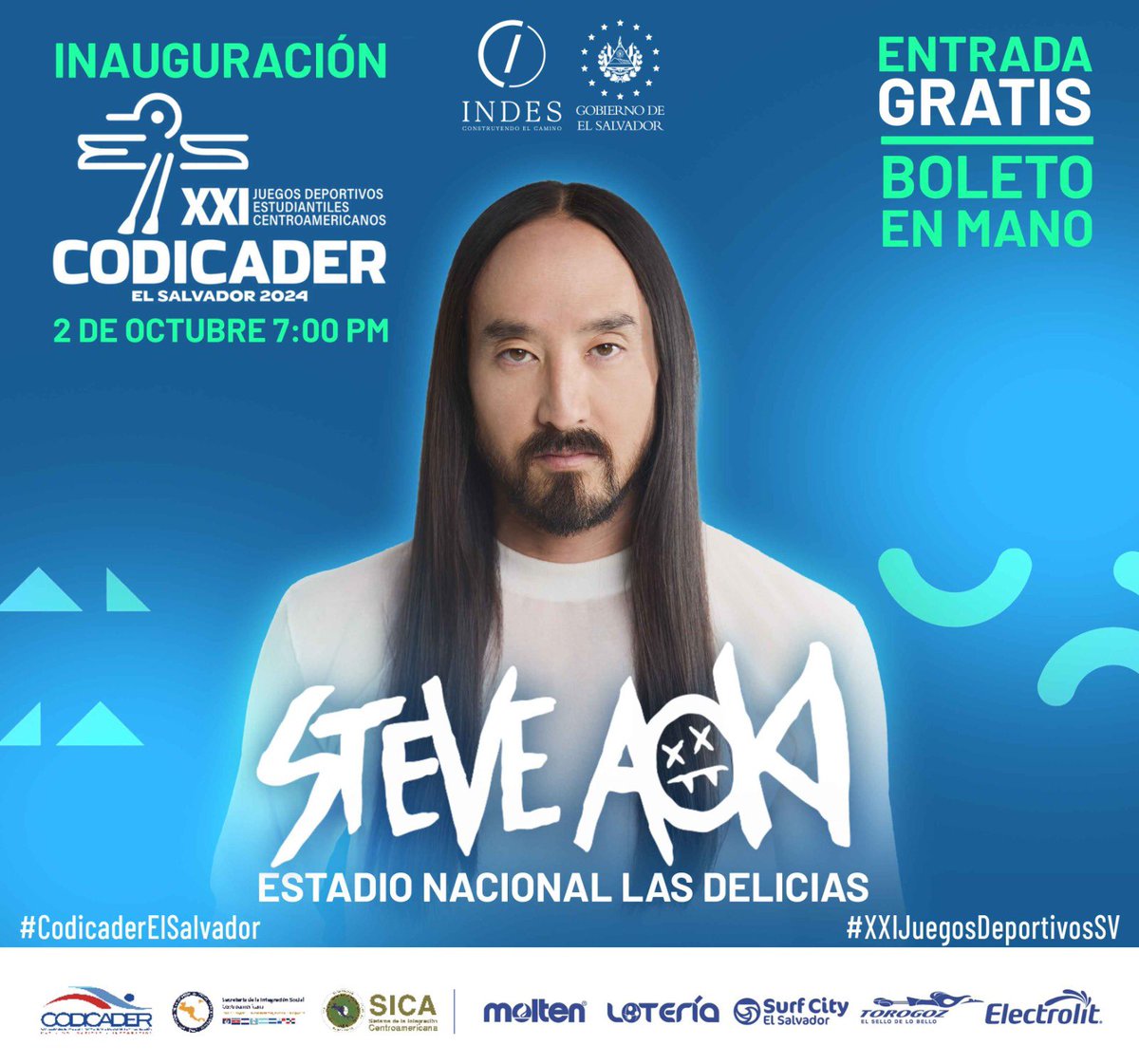 ¡El gran <a href="/steveaoki/">Steve Aoki</a>, uno de los mejores DJ del mundo, estará con nosotros en la inauguración de los Juegos Codicader 2024!

Manténganse pendientes de las redes sociales de <a href="/indeselsalvador/">INDES El Salvador</a> para ganar boletos y poder disfrutar de esta gran fiesta estudiantil centroamericana.