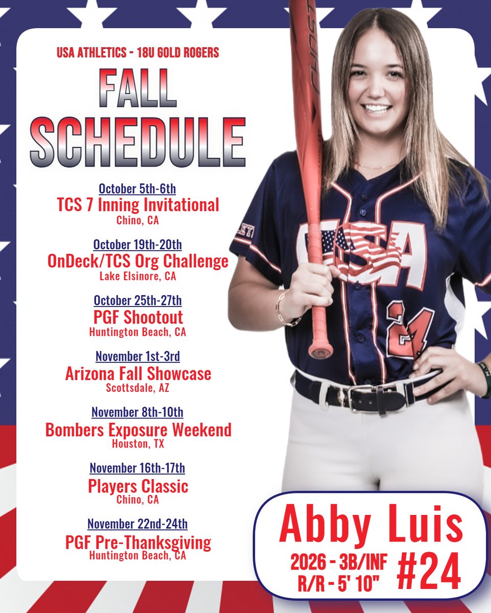 AbbyLuis2026's tweet photo. Our Fall tournaments and showcases start in a few weeks. Coaches mark your  calendars📅 We are playing 5 events in So Cal, a Showcase in AZ and a Showcase in TX. Let's do this GOLD team!! #WeAreUSAathletics

@usaathletics18g  @EFP_Solutions  @ExtraInningSB  @SoftballRecruit  @CoastRecruitsSB  @SBRRetweets  @FastpitchAthRec  @GoMVBSoftball @TOP_D1RECRUITS @TopPreps @SoftballDown @DfwSho @FromThe815 @AScholarsBrand @los_stuff @SportPrepX  @CoachPinkerton  @coachapjackson  @AlbaughSydney99   @coachcbartlett   @Coach_JBloomer   @JMan4514  @hailey_decker_  @Coach2K_OSU @Coach_mcGuem   @CoachCourtOSU  @CoachNolanOSU  @StaceyNuveman  @fearny37  @CoachCurly_  @BryceTeKulve @sbcamps @michaellew10 @jjpower19 @TyraPerry13 @coach_troutsta @Coach_Veee @RhondaRevelle @Coach_MNO @liv_ferrell39 @CoachStanton @GabbiJenkins23 @CaitlinLowe @lappin37 @Christianconr15 @A_Freeman9 @OSUcoachG @bergy_9 @carrieeberle