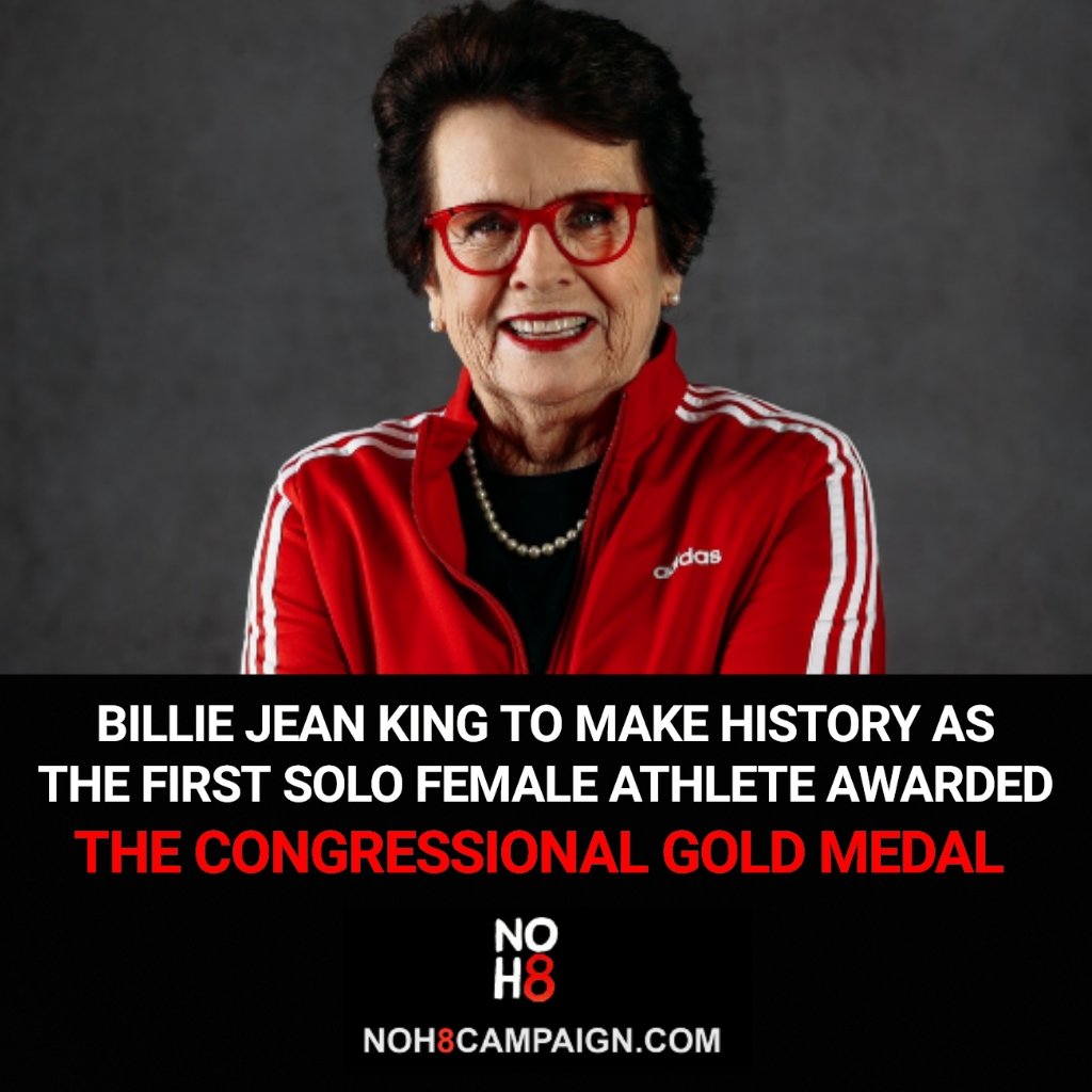 NOH8Campaign's tweet photo. Billie Jean King to make history as the first individual female athlete awarded the Congressional Gold Medal #NOH8 https://t.co/IOlzkITwOX