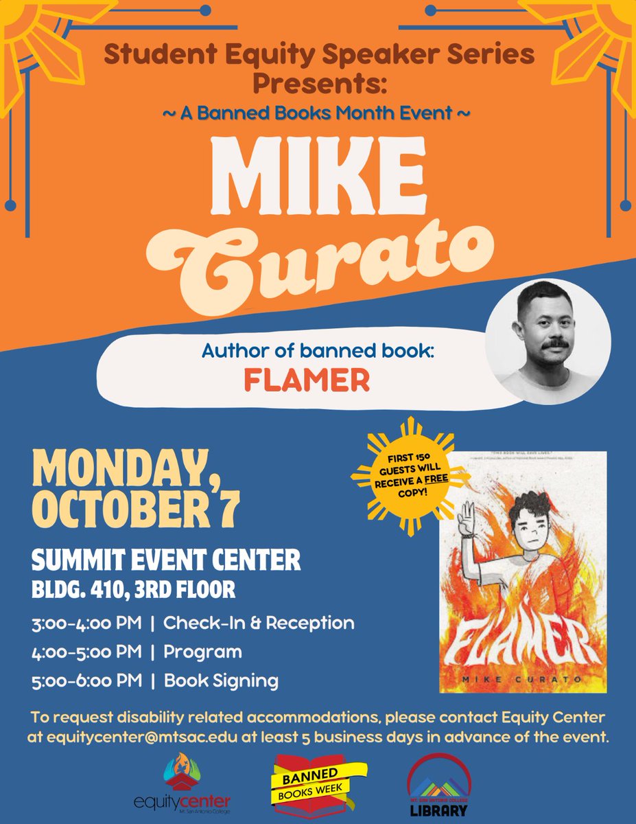 OtherKindOfDoc's tweet photo. In continuation of  Banned Books Month, and in celebration of Filipinx History Month, the  Student Equity Speaker Series presents an evening with Mike Curato,  Filipino-American author of the banned book, Flamer. Monday, October 7th from 4-6pm in Summit Event Center https://t.co/7qgg5rKMaz