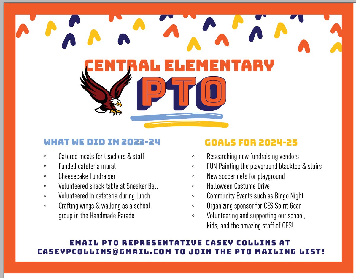 CES Families, 
Here's a recap of the PTOs 23-24 school year and goals for the 24-25 school year. Feel free to join PTO, volunteer, and "Get In The Game".
