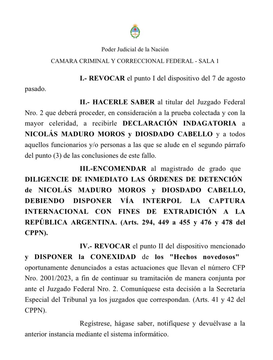 #23Sep #Argentina #Venezuela 
<a href="/Gbastidas/">Gabriel Bastidas</a>: Esta es la decisión de los jueces de la Cámara Federal argentina, ordenando la detención de Nicolás Maduro y Diosdado Cabello por crímenes de lesa humanidad.