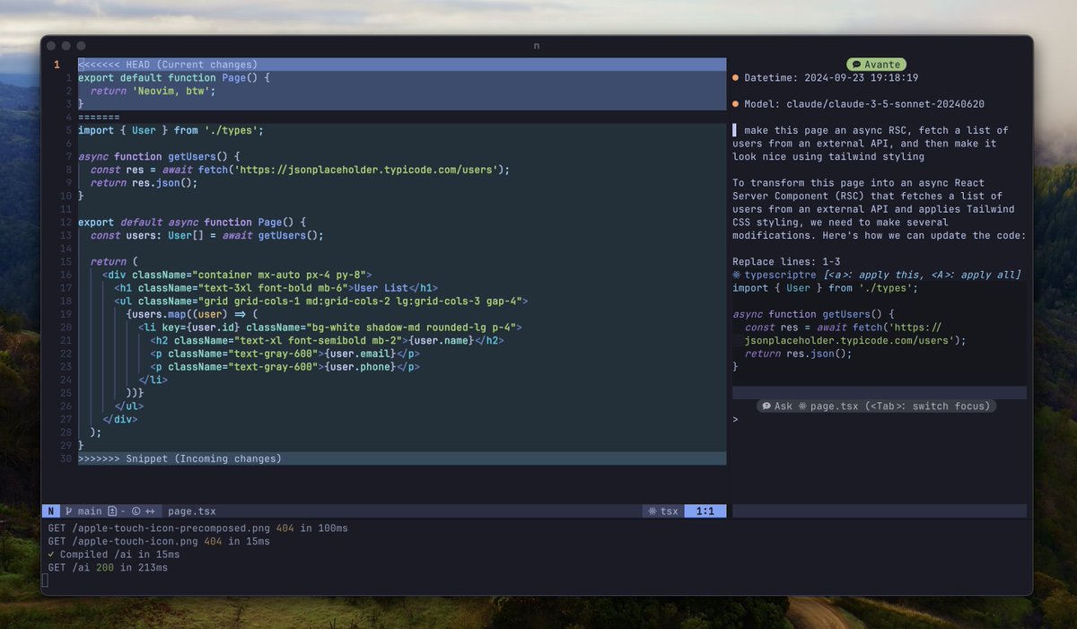 leerob's tweet photo. VS Code is getting disrupted.

Zed, Cursor, Supermaven, and likely more soon — the editor is being reimagined with AI in mind.

Even Neovim has avante.nvim, which you can use with OpenAI or Claude. https://t.co/6khwKjWSIU