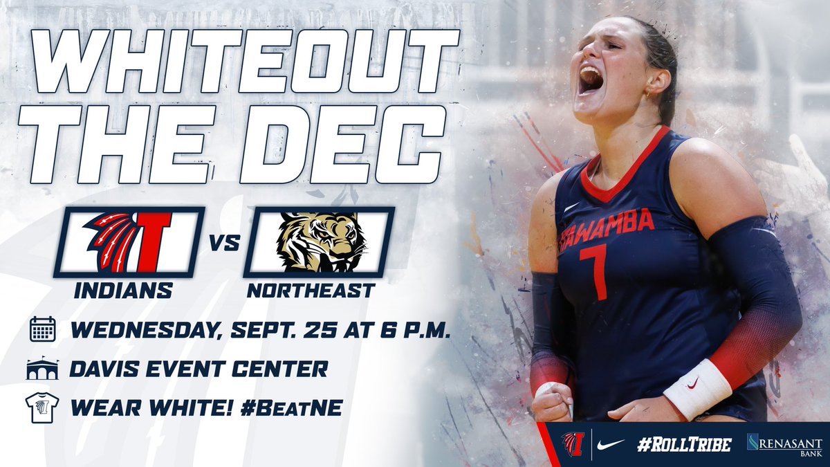 Make your plans to come out to the DEC Wednesday night for #ICCVB’s match against rival Northeast! Show up, show out and wear white! #RollTribe #BeatNE