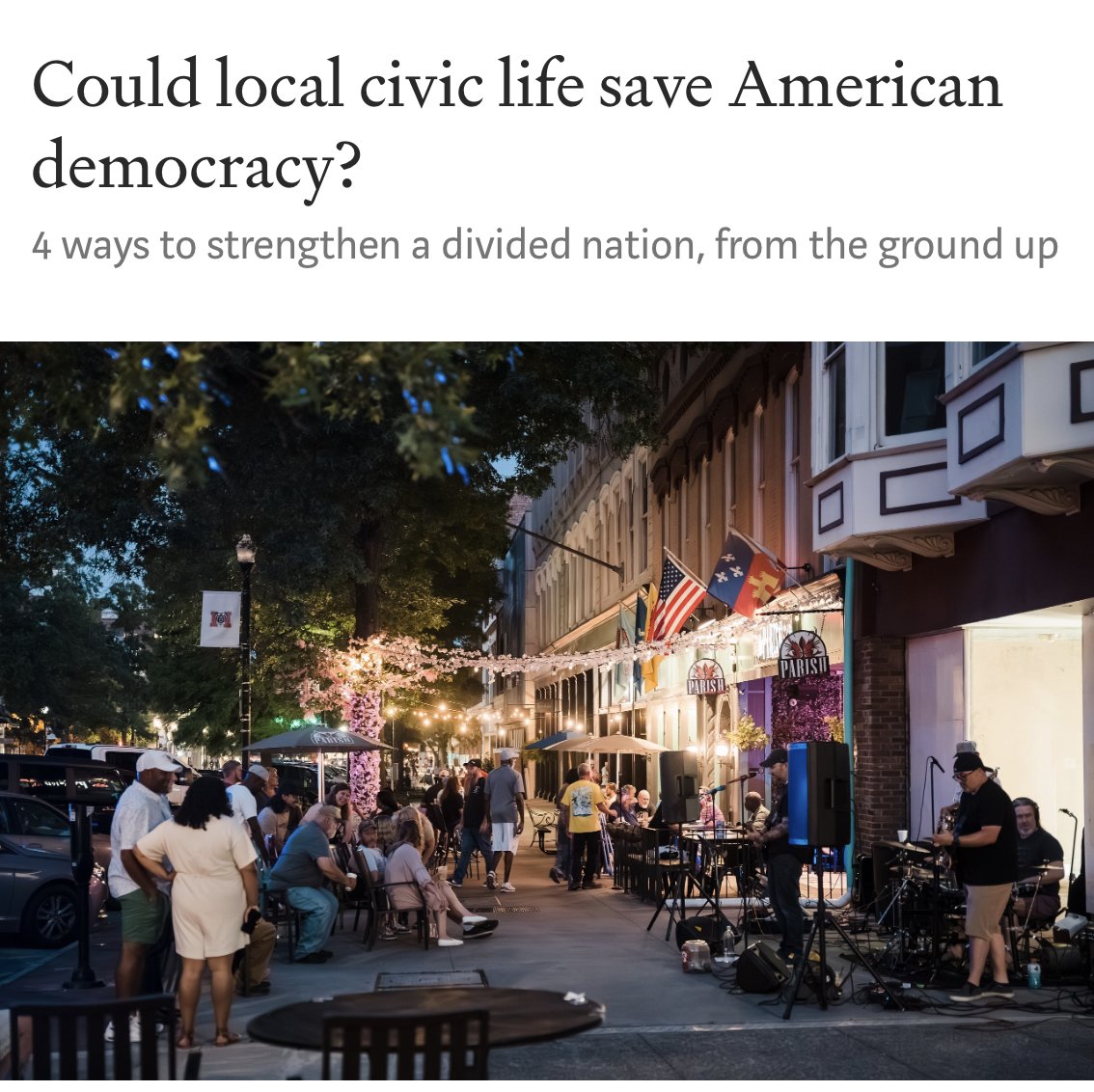 Could local civic life save American democracy? Civic engagement and democracy expert <a href="/hrgilman/">Hollie Russon Gilman</a>  thinks so.
Read this piece featuring insights from our recent conversation.
#democracy #civicinfrastructure <a href="/TheJPBFdn/">The JPB Foundation</a> <a href="/knightfdn/">Knight Foundation</a> <a href="/kresgefdn/">Kresge Foundation</a> <a href="/WilliamPennFdn/">William Penn Foundation</a> 
medium.com/reimagining-th…