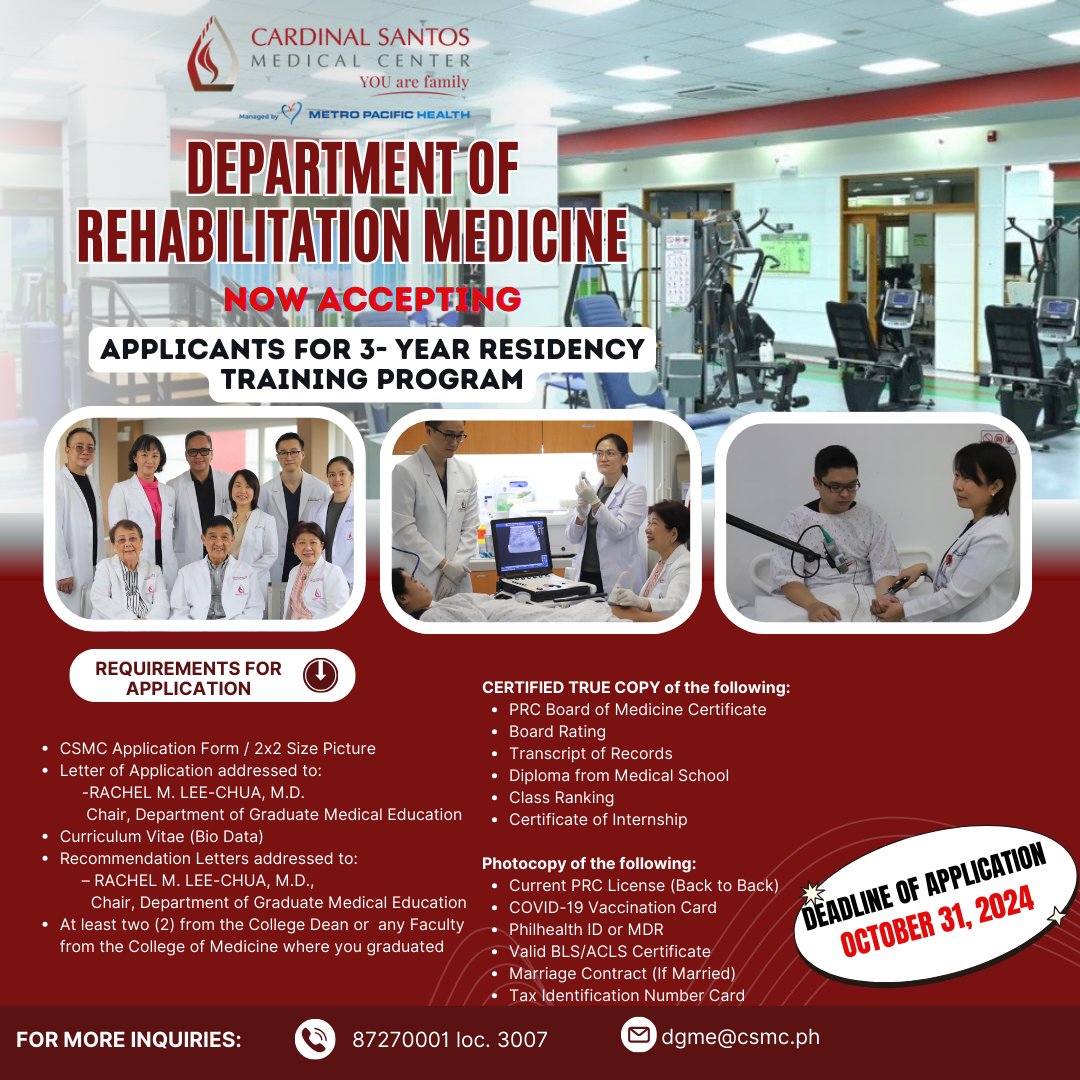 CardinalSantos's tweet photo. Cardinal Santos Medical Center is now accepting applicants for its 𝐑𝐞𝐬𝐢𝐝𝐞𝐧𝐜𝐲 𝐓𝐫𝐚𝐢𝐧𝐢𝐧𝐠 𝐏𝐫𝐨𝐠𝐫𝐚𝐦 on the following departments. 

For applications, contact the Department of Graduate Medical Education at 8727-0001 ext. 3007 or dgme@csmc.ph.

#AtCardinalWeCare https://t.co/3BfJAOUrRa