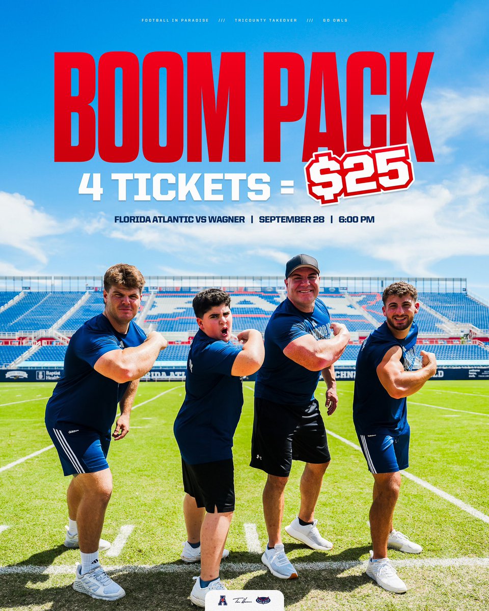 In honor of A.J. &amp; Big Justice Day, the BOOM! 💥 Pack is now available. 4 tickets for just $25 for Saturday’s game!

🔗 am.ticketmaster.com/fau/buy/ism/Rk…

Meet and greet starts at 4:30 between Gates 3 and 4!

#WinningInParadise