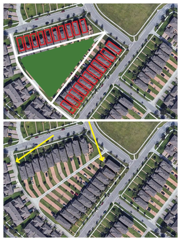 JacksonParish's tweet photo. When you designed alley-loaded product but have no idea how to use it. Dumb waste that could have been a shared green space. Or, if detached garages, could have been useful private green spaces. https://t.co/fhzuIiMoOI