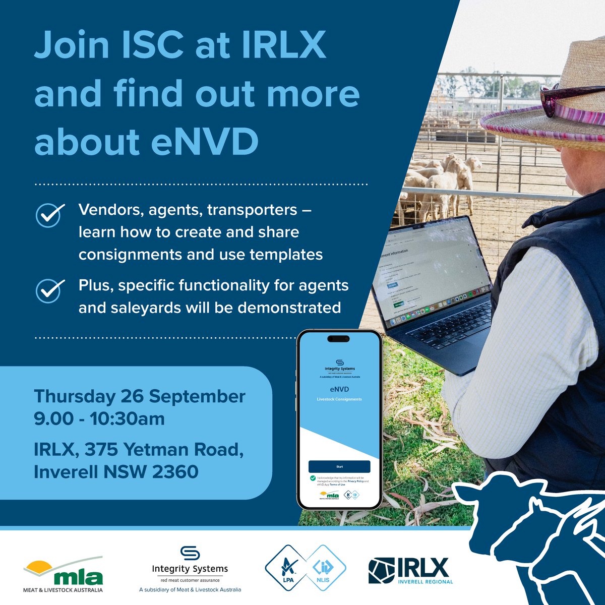 Integrity Systems Company (@integritysysco) on Twitter photo Join us at Inverell Regional Livestock Exchange on Thursday 26 September 9-10.30am!
Vendors - Agents โ Transporters
Learn how to create, use and share eNVD consignments using the app or your desktop computer.
More info about eNVD: bit.ly/2TCzG1V
<a href="/IRLX_Inverell/">IRLX_Inverell</a> Join us at Inverell Regional Livestock Exchange on Thursday 26 September 9-10.30am!
Vendors - Agents โ Transporters
Learn how to create, use and share eNVD consignments using the app or your desktop computer.
More info about eNVD: bit.ly/2TCzG1V
<a href="/IRLX_Inverell/">IRLX_Inverell</a>