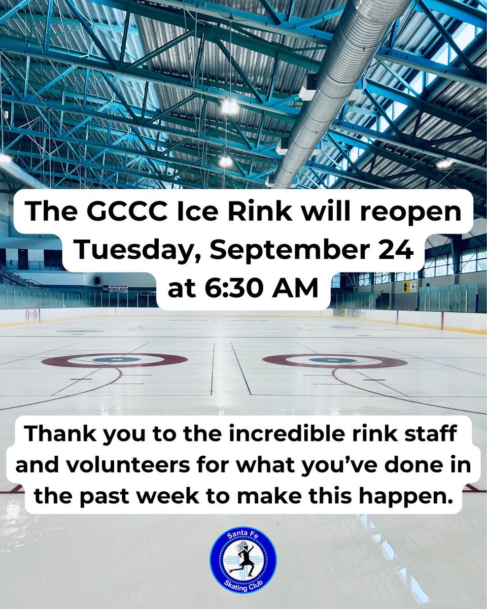 SantaFeSC's tweet image. Finally, the good news that we’ve all been waiting for - the GCCC ice rink will open tomorrow (9/24) at 6:30 AM.

Thank you to the incredible rink staff and volunteers for what you’ve done the past week to make this happen.