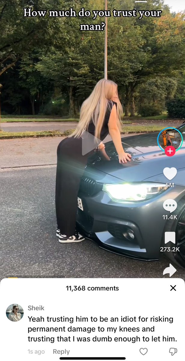 Are yall seeing this “trend”?

Ladies standing in front of a car and supposedly their man is driving up and stopping at their shins.

This is what insanity looks like.

I participated in toxic commentary lol look what I said 🤣