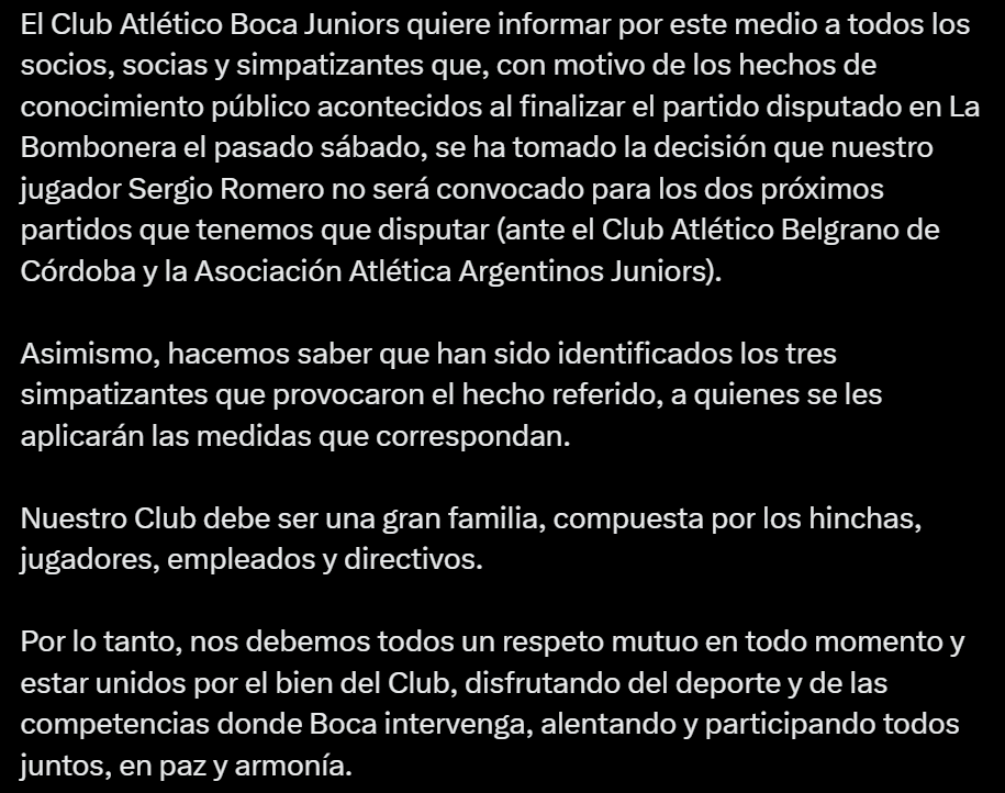 la12tuittera's tweet photo. 🚨AHORA | #Boca informa que Sergio ROMERO fue sancionado con 2 fechas sin estar convocado.❌

🔎Además, IDENTIFICÓ a TRES SOCIOS que provocaron el hecho a quienes se APLICARÁN LAS MEDIDAS QUE CORRESPONDAN.

📋El comunicado completo de @BocaJrsOficial: https://t.co/zVLD7Qm7Ym