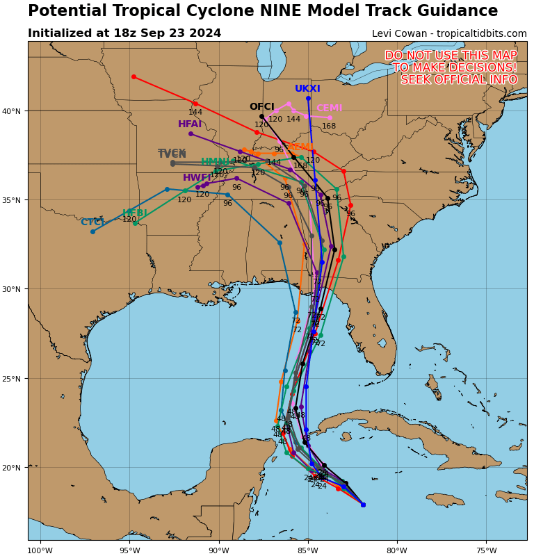 tropicalupdate's tweet photo. Latest Monday 18z spaghetti models on https://t.co/mSxpZtuPu3. No big swings. Little wiggles wobbles likely will happen. Impacts move with them. And always remember impacts reach well past center... and usually way east. This storm looks to travel inland with continued impacts past Florida. New NHC cone at 5pm ET. https://t.co/0EQMEw6Iu0