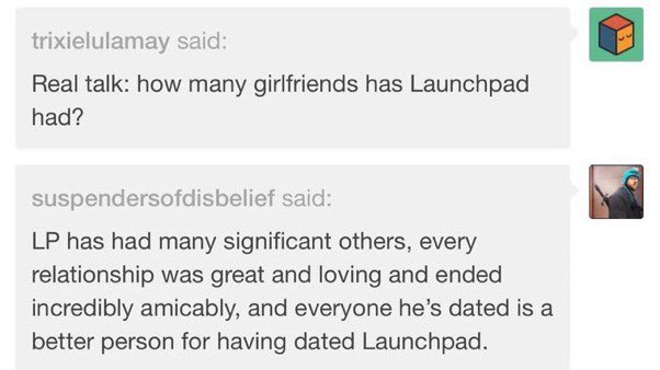 weirdbeingg's tweet photo. Reminder that Launchpad is canonically bisexual! https://t.co/hBwAPGsQIT