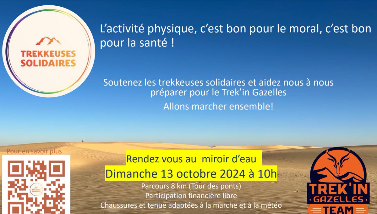 En parallèle de leur participation au #TrekinGazelles2024, une équipe de 3 psychiatres bordelaises organise une marche pour promouvoir  l'activité physique des personnes souffrant de troubles psychiques. L'association Psy'hope sera présente !
+ d'infos : psyhopebordeaux.fr/2024/09/allons…