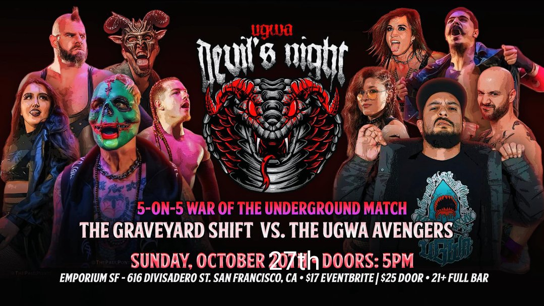 UGWA (@officialugwa) on Twitter photo First match announcement for 10/27
At <a href="/emporiumsfbay/">Emporium SF</a>
<a href="/ShaneDynasty/">Doc Atrocity</a> and his Graveyard Shift make one final grab for control of UGWA when they take on The assembled team of <a href="/BrookeHavok/">moshpit mommy ブルック・ハボック</a>, <a href="/CVEvil_138/">Christina Von Eerie</a>, <a href="/chrisnastyy_/">Lucha Scumbag</a>, <a href="/link2futureftf/">Anton Voorhees 🔻 Dumb/Ho</a> and the Boss himself <a href="/bossmanugwa/">Anthony Trevino</a>!
Get tickets⬇️ First match announcement for 10/27
At <a href="/emporiumsfbay/">Emporium SF</a>
<a href="/ShaneDynasty/">Doc Atrocity</a> and his Graveyard Shift make one final grab for control of UGWA when they take on The assembled team of <a href="/BrookeHavok/">moshpit mommy ブルック・ハボック</a>, <a href="/CVEvil_138/">Christina Von Eerie</a>, <a href="/chrisnastyy_/">Lucha Scumbag</a>, <a href="/link2futureftf/">Anton Voorhees 🔻 Dumb/Ho</a> and the Boss himself <a href="/bossmanugwa/">Anthony Trevino</a>!
Get tickets⬇️