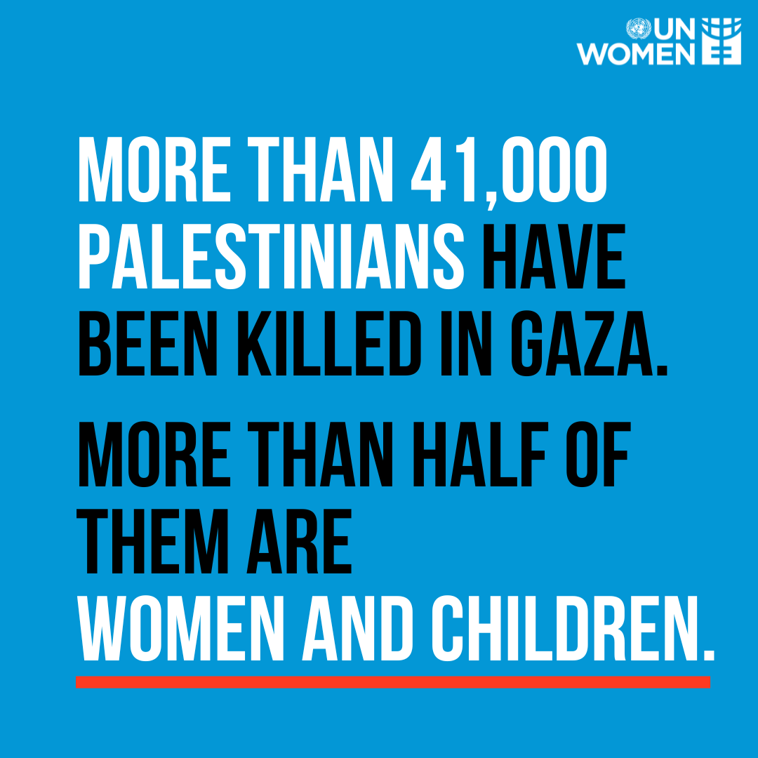 UN Women (@un_women) on Twitter photo The majority of the 41,000+ Palestinians killed in #Gaza are civilians, including women and children.
With the <a href="/iascch/">Inter-Agency Standing Committee (IASC)</a> we renew our demand for an end to the suffering and this humanitarian catastrophe.
Our statement: unwo.men/w2O450TtMFA The majority of the 41,000+ Palestinians killed in #Gaza are civilians, including women and children.
With the <a href="/iascch/">Inter-Agency Standing Committee (IASC)</a> we renew our demand for an end to the suffering and this humanitarian catastrophe.
Our statement: unwo.men/w2O450TtMFA