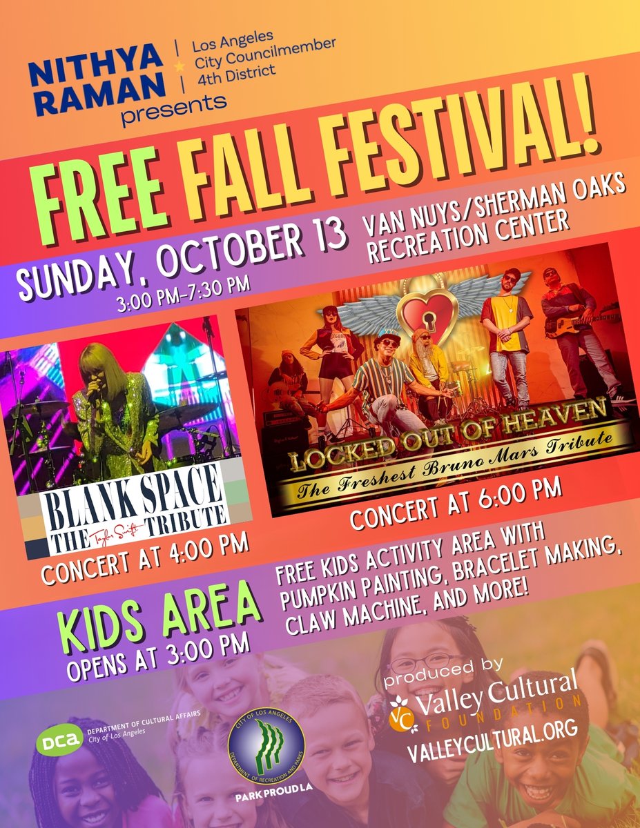 ValleyCulturalF's tweet photo. Join us at our Sherman Oaks Fall Festival on Sunday, October 13th with @cd4losangeles at the Van Nuys/Sherman Oaks Recreation Center!

Kids area: 3-6 pm
Taylor Swift Tribute: 4 pm
Bruno Mars Tribute: 6 pm

More details/free RSVP: https://t.co/zExFCUzumN
There will also be food trucks and local vendors to purchase goods from! See you all there!

#free #freevent #socal #sfv #shermanoaks #shermanoaksca #taylorswift #brunomars #livemusic