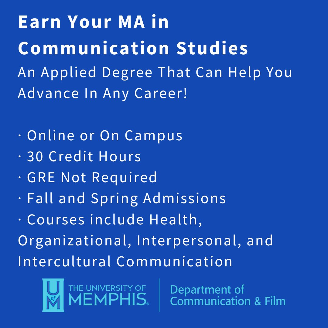 UofMCOMM's tweet photo. Our MA alumni are doing great things in businesses and nonprofits in the Mid-South and beyond. You can, too! We’re now accepting applications for the MA in Communication Studies for Spring 2025—online or on campus. #COMMStudyWithUs #DrivenByDoing #GoTigersGo https://t.co/oAITEZ9QGX